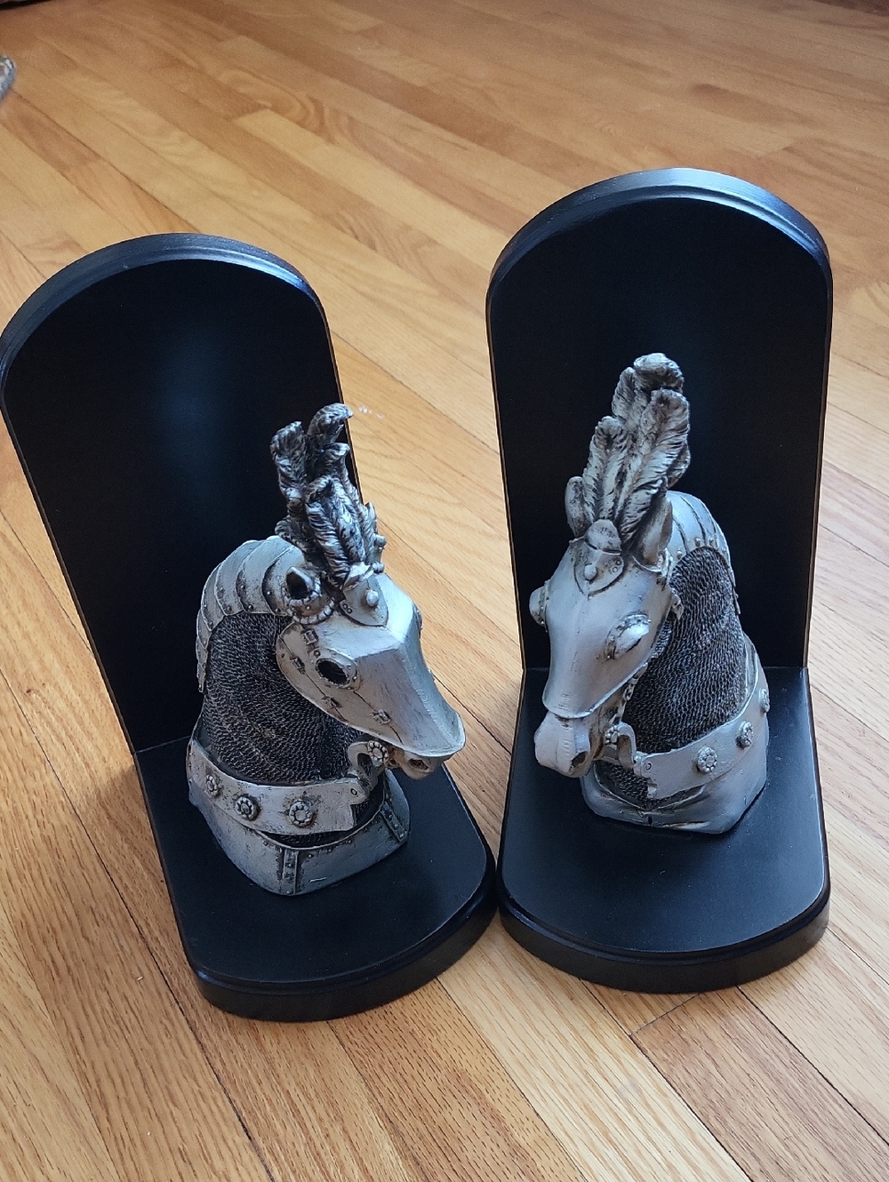 Decorative Knight Helmet Horse Head Bookends - Black and Silver